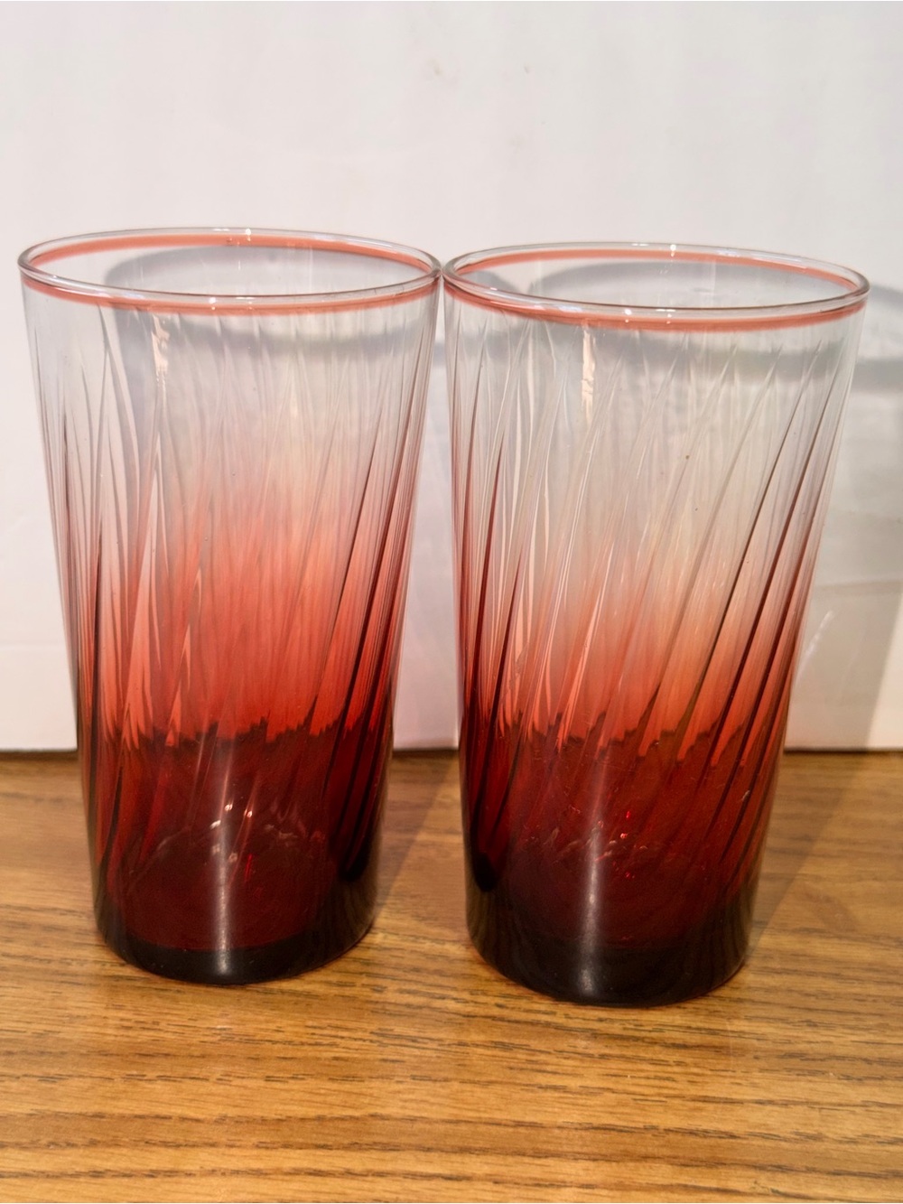 2- Vintage Red Glass Tumbler Drinking Cup Swirl & Fade Design